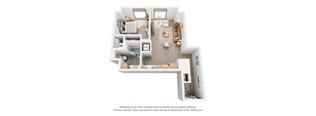 A 3D floor plan of a house with a kitchen, living room, and bathroom.