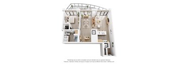 A 3D floor plan of a small apartment with a kitchen, living room, and bathroom.