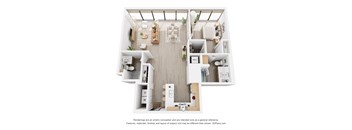 A 3D floor plan of a house with a kitchen, living room, and bathroom.