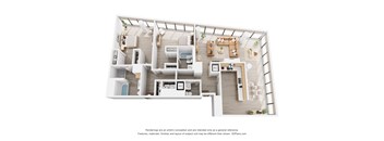 A 3D floor plan of a house with a kitchen, living room, and two bedrooms.