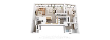 A 3D floor plan of a house with a kitchen, living room, and bathroom.