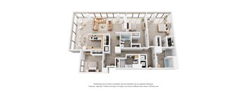 A 3D floor plan of a house with a kitchen, living room, and bathroom.