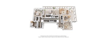 A 3D floor plan of a house with multiple rooms and staircases.