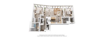 A 3D floor plan of a house with labeled rooms.