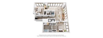 A 3D floor plan of a small apartment with a kitchen, living room, and bathroom.