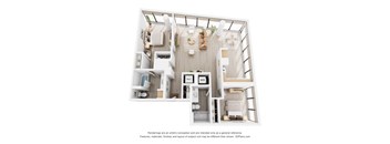 A 3D floor plan of a small apartment with a kitchen, living room, and bathroom.