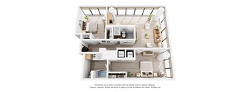 A 3D floor plan of a modern apartment with a kitchen, living room, and bedroom.