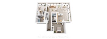 A 3D floor plan of a small apartment with a kitchen, living room, and bedroom.