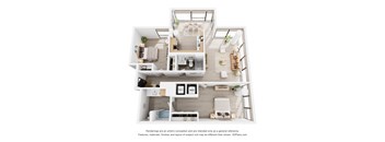 A 3D floor plan of a modern apartment with a kitchen, living room, and bedrooms.