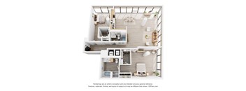 A 3D floor plan of a house with a kitchen, living room, and two bedrooms.