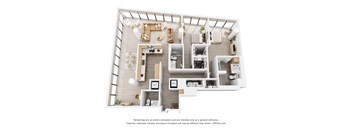 A 3D floor plan of a house with a kitchen, living room, and dining area.