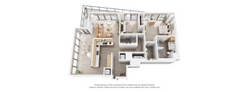 A 3D floor plan of a house with a kitchen, living room, and two bedrooms.