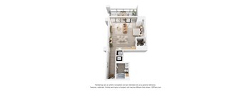 A 3D floor plan of a modern apartment with a living room, kitchen, and bathroom.