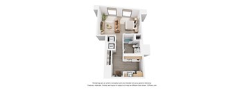 A 3D floor plan of a house with a kitchen, living room, and bedrooms.