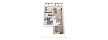 A 3D floor plan of a small apartment with a kitchen, living room, and bathroom.