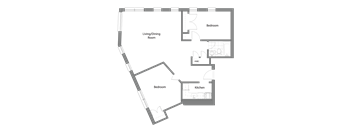 A floor plan of a house with a living/dining room, kitchen, and two bedrooms.