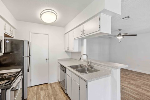 a kitchen with a sink and a refrigerator
