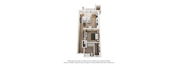 A 3D floor plan of a small apartment with a kitchen, living room, and bathroom.