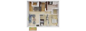 a 3d drawing of a house with a bedroom and a living room