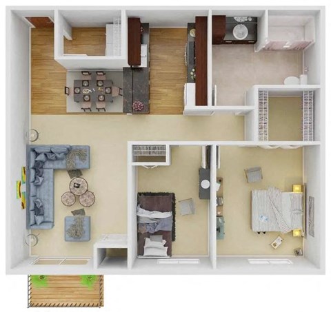 a 3d drawing of a house with a bedroom and a living room