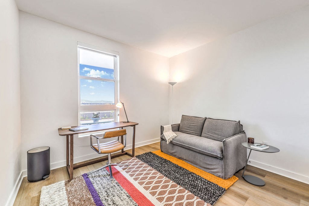 a living room with a gray couch and a colorful rug