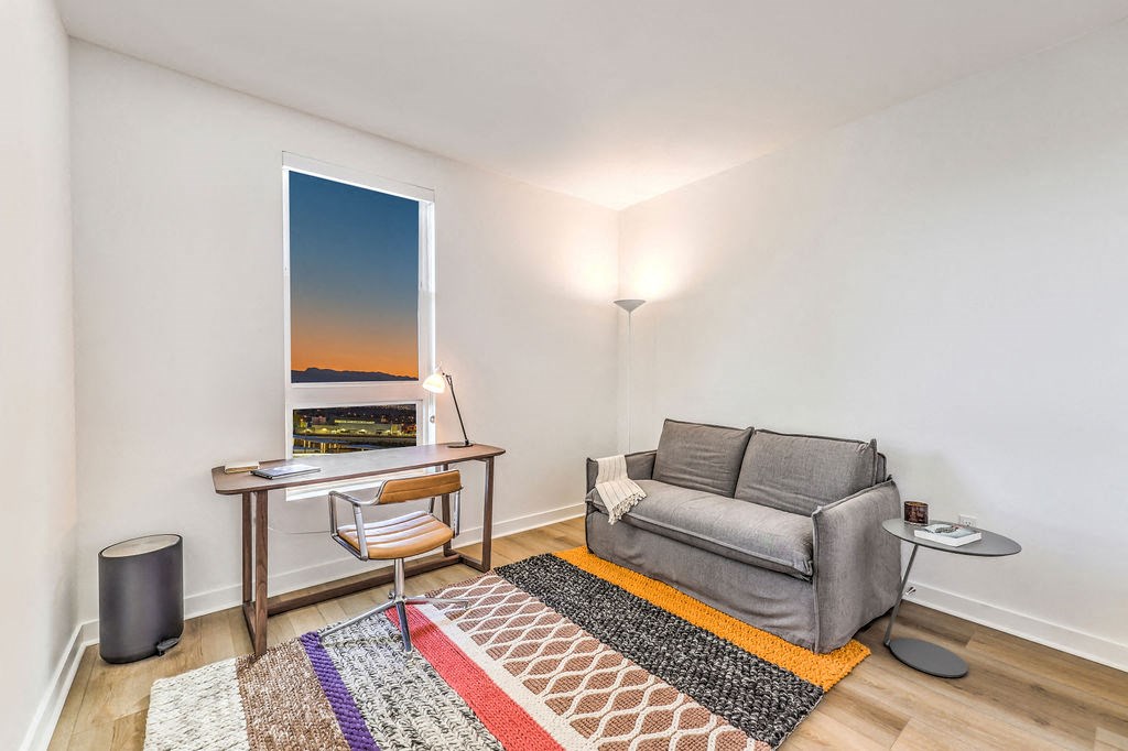a living room with a gray couch and a colorful rug