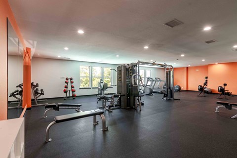 a gym with weights and cardio equipment on the floor and a window