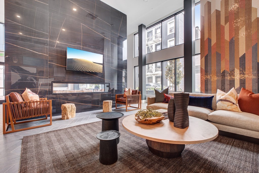 a living room with a couch and a table