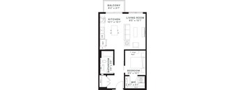 A black and white image of a floor plan for a small apartment.