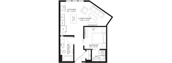 A black and white image of a floor plan for a house with a kitchen, living room, bedroom, and bathroom.