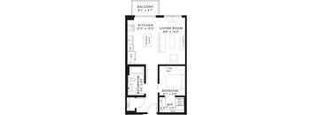 A black and white image of a floor plan for a small apartment.