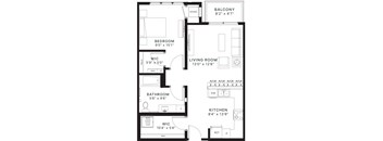 A floor plan of an apartment with a living room, kitchen, bathroom, bedroom and balcony.
