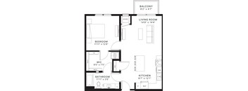 A black and white image of a floor plan for a home with a balcony, living room, bedroom, bathroom, kitchen, and a WIC area.