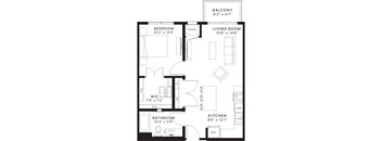 A black and white image of a floor plan for a small apartment.
