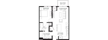A floor plan of a small apartment with a balcony, bedroom, living room, kitchen, and bathroom.