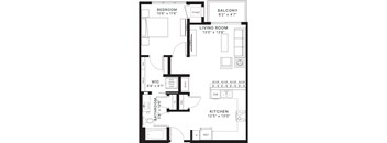 A floor plan of a small apartment with a living room, kitchen, bathroom, and bedroom.