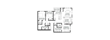 A black and white image of a house floor plan with a living room, dining room, kitchen, and four bedrooms.