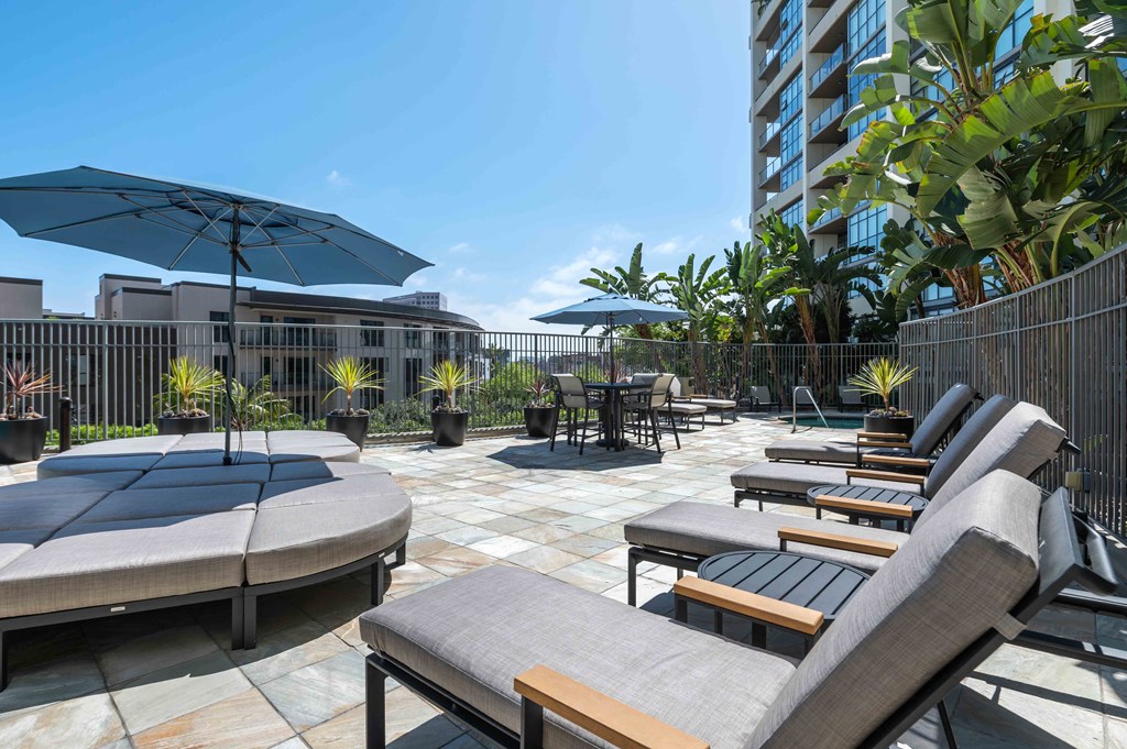 a lounge area with chairs and umbrellas on a sunny day