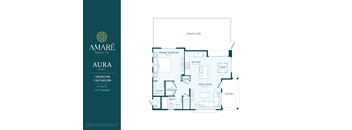 A floor plan for the Amare Santa Fe Aura, a 1 bedroom, 1 bathroom apartment with a private yard.