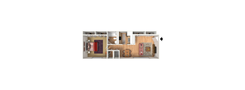 A top down view of a room with a bed, a couch, a desk, and a chair.