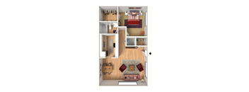 A top down view of a small apartment with a bedroom, living room, and kitchen.