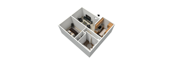 A 3D image of a house layout with a kitchen, living room, and bathroom.