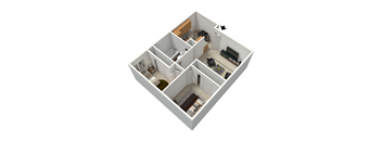 A 3D floor plan of a small apartment with a kitchen, living room, and bathroom.