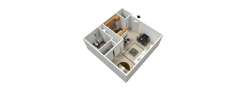 A 3D image of a house layout with a kitchen, living room, and bathroom.