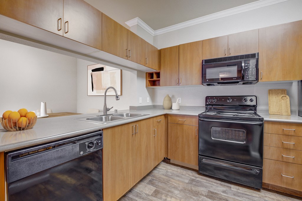 Pet-Friendly Apartments in Sacramento, CA - Avanti - Kitchen with Wood-Style Flooring, Dual Sinks, Cool Black Appliances, and Wood-Tone Cabinets