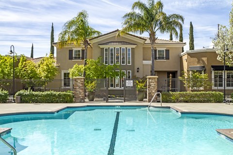 Two-Bedroom Apartments in Sacramento, CA - Avanti - Gated Pool with Palm Trees and View of Clubhouse