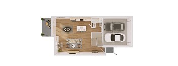 A top-down view of a house interior with a kitchen, dining area, living room, and a car parked in the garage.