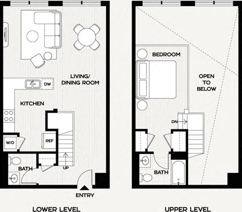 A floor plan shows a living and dining room on the lower level and a bedroom on the upper level.