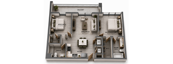 B two-bedroom apartment floor plan at MB Station apartments in Miami, FL featuring two private bedrooms, two bathrooms, an open-concept living area, modern kitchen, and outdoor living space. Pet-friendly apartments near Coral Way, Shenandoah, and Brickell.