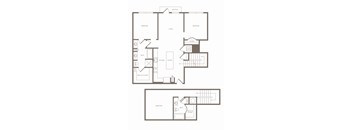 A floor plan of a house with a balcony, two bedrooms, a living room, a kitchen, a bathroom, a walk-in closet, and a laundry area.